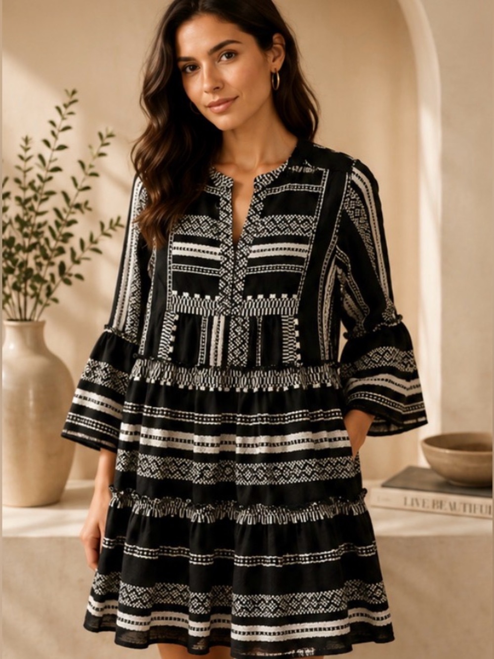Elan Black & White Woven Tiered Boho Dress – Size Small – 100% Cotton